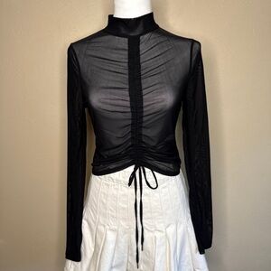 Black mesh rutched tie long sleeve Top